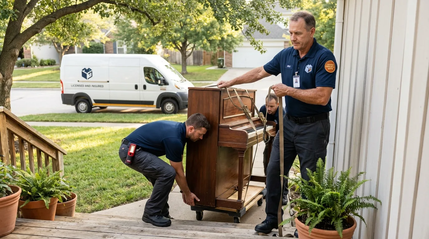 Licensed piano movers securing grand piano in Fremont, NC