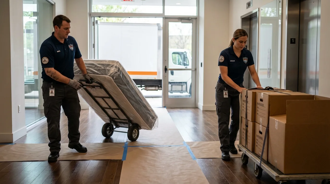 Professional apartment movers loading elevator in Fremont, NC